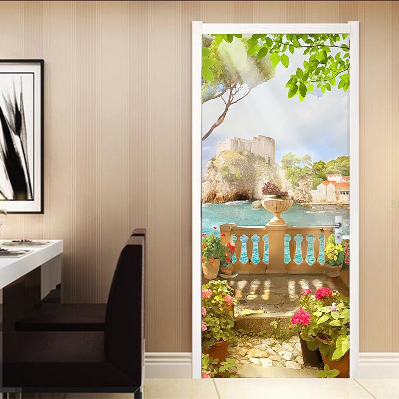 Door Sticker 3D Sea Landscape Oil Painting Mural Wallpaper PVC Self-Adhesive Waterproof Door Decoration Papel De Parede Stickers