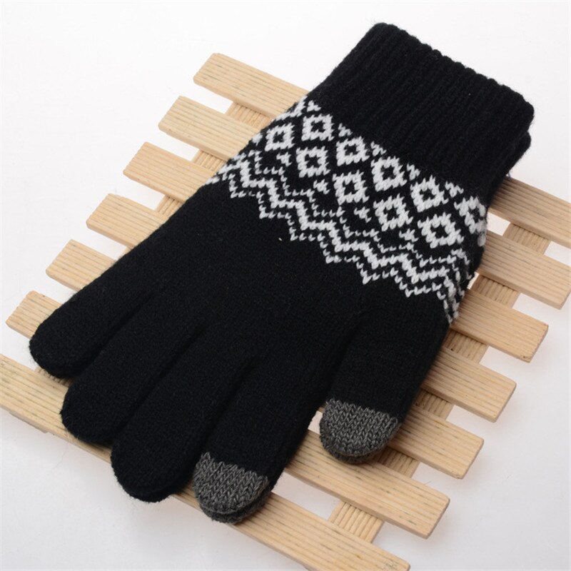 Vinter varme berøringsskærm handsker udstyret uldne vanter mænd kvinder cashmere geometriske crinkle handsker touch luvas: Sort