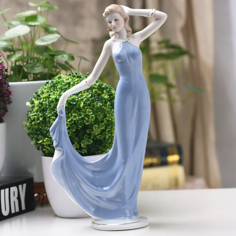 Decoración moderna para el hogar, artesanía de cerámica, figura de chica bonita, estatua, adornos europeos, vitrina de exhibición,: green