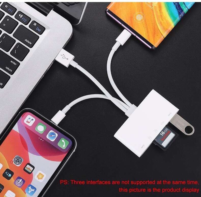 5 i 1 usb 3.0- adapter for iphone android-nettbrett sd / tf-kortleser 500ma støtte ios 13 type-c lyn usb-hub