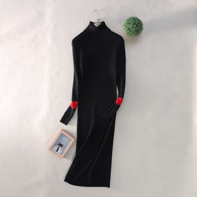 Autumn-Winter Women's Knitted Dress Fashionable sexy long dress with long sleeves and high collar