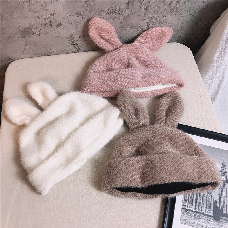 Women's Hats Autumn Winter Lamb Plush Soft Cute Ears Warm Panama Casual Hats Skull Beanie Soft Knitted Beanie Cotton