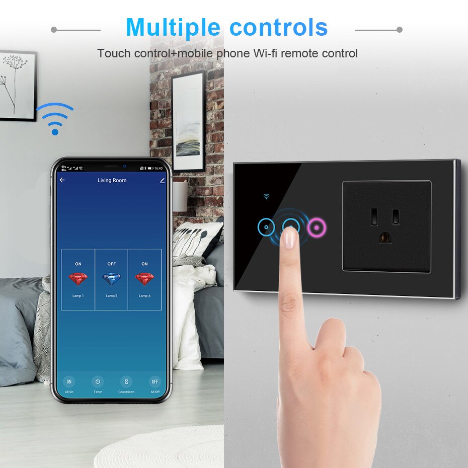 Tuya Smart Life Electrical Socket and Switch WiFi LED Light Touch Wall Switch 3 gang and US Socket Compatible Alexa Google Home