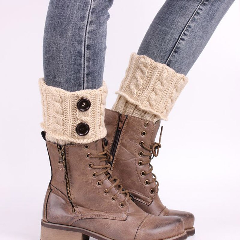 2 piezas de calentadores de piernas de Invierno para mujer, botas tejidas al Crochet, puños elásticos, botas cortas, calcetines, botas cálidas informales negras de , calcetines calentadores de la pierna calcetines: 03 Beige