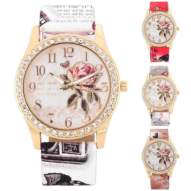 Frauen Drucken Rose aufbringen Strass Armbanduhr lässig Uhr quarzuhr reloj mujer relogio feminino reloj hombre Ladi