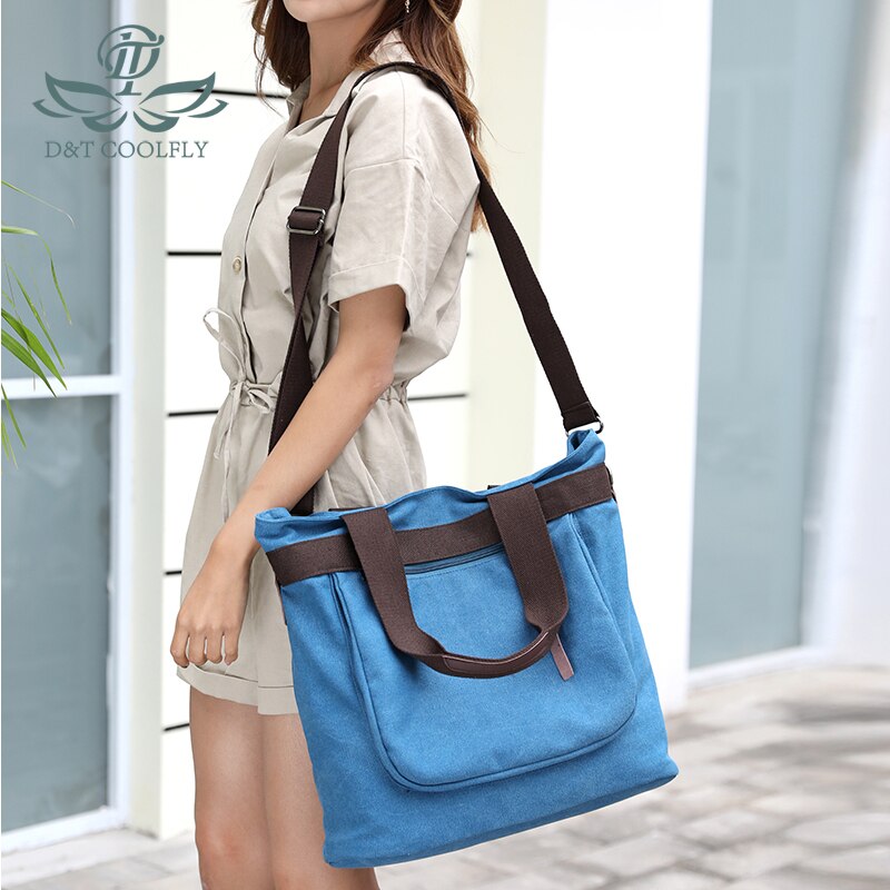 D&T One Shoulder Casual Bags Women Solid Canvas Waterproof School Student Light Zipper Pocket Inside Bags