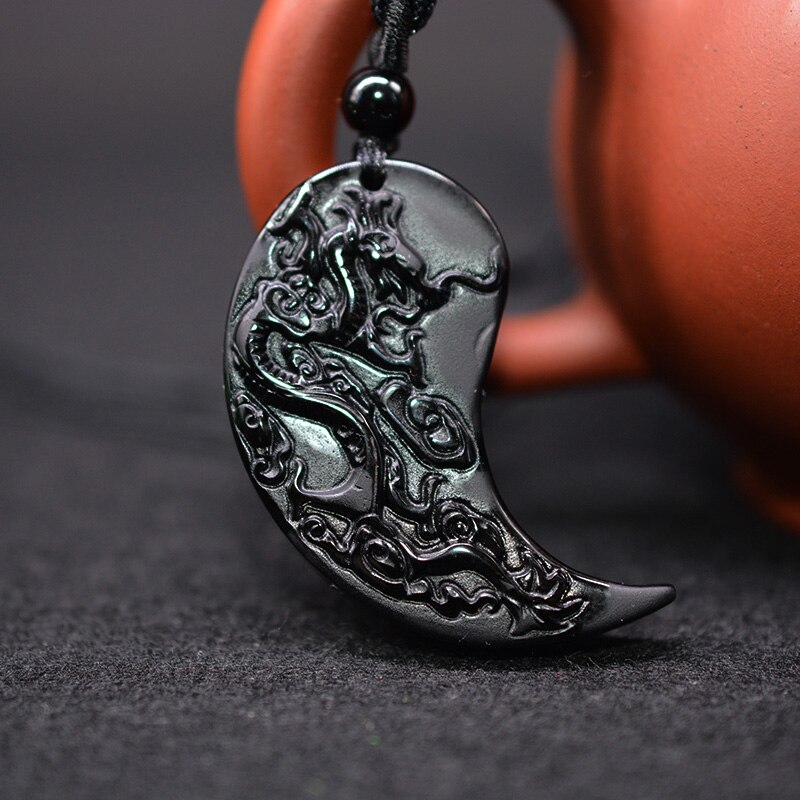 2Pcs Obsidiaan Carving Taichi Draak En Phoenix Hanger Ketting Voor Vrouwen Mannen Retro Lucky Amulet Paar Statement Sieraden