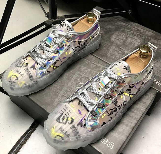 Menn svarte fritidssko graffiti gjennomsiktig såle herre fritidssko hip hop trenere rullebane zapatos prom loafers sko: Sølv / 9