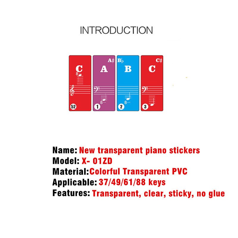 Teclado de Piano transparente colorido, pegatinas de teclado electrónico, nombre de sonido, símbolo de nota pegatina de, 37/49/61/88 teclas
