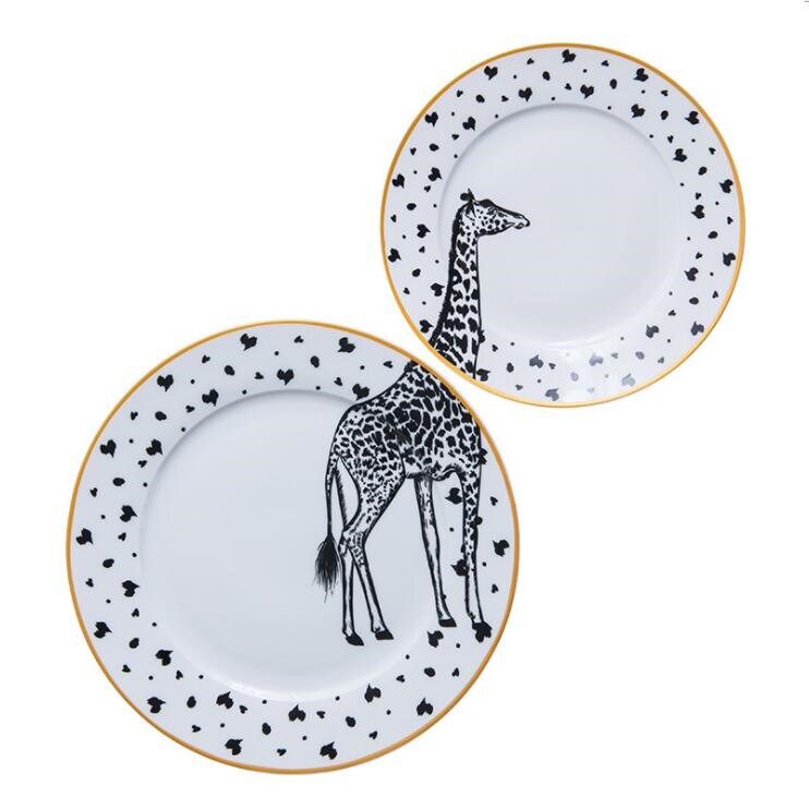 2 stk 6 og 8 tommer dyr rund knogle kina tallerken bordsæt of 2 keramisk middag tallerken zebra giraf wallaby antilope: Giraf