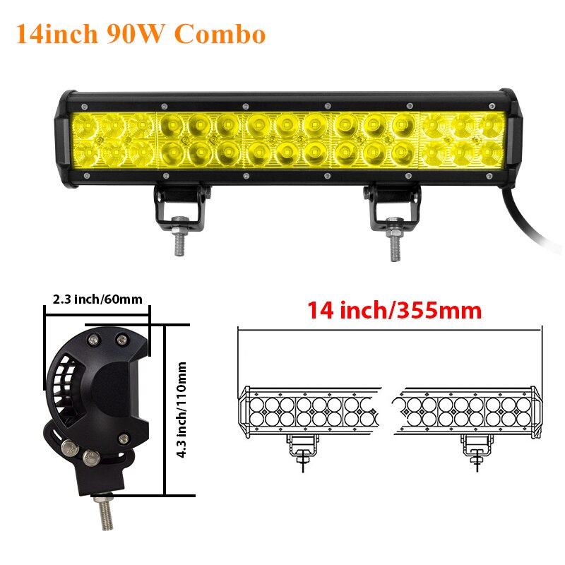 Skyworld amarelo conduziu a barra de luz 4 12 14 17 20 23 25 28 36 polegada trabalho lâmpada combo feixe condução offroad para o caminhão do carro suv atv 4x4 uaz: 14inch 90w