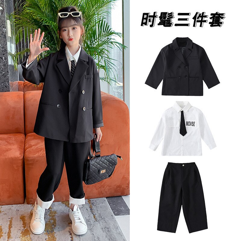 Traje de primavera para niña adolescente, ropa Formal informal negra, chaqueta holgada + camisa de manga larga con letras, blusa + Pantalones rectos, unids/set 3/conjunto