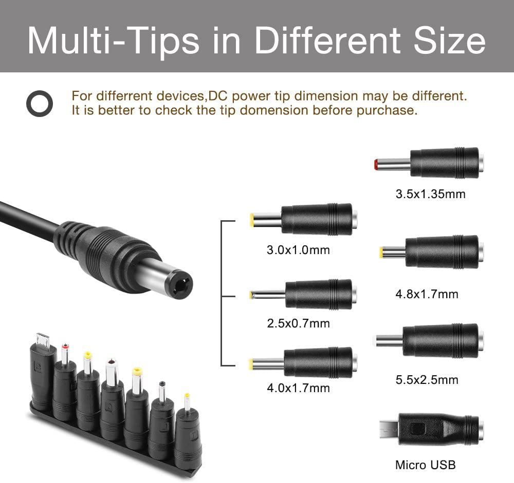 USB TO 12V Power Cord/Adaptor Supply Cable 7 tip Plug for Led Flexible Light Strip, Switch, Router, Surveillance, CCTV Wireless
