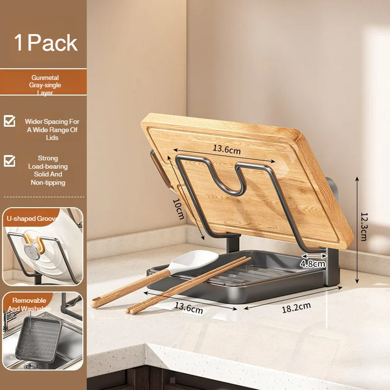 Kitchen Pot Lid Rack with Drainage Tray, Multi-functional Countertop Cutting Board Storage Rack, Space-Saving Easy to Clean: Silver