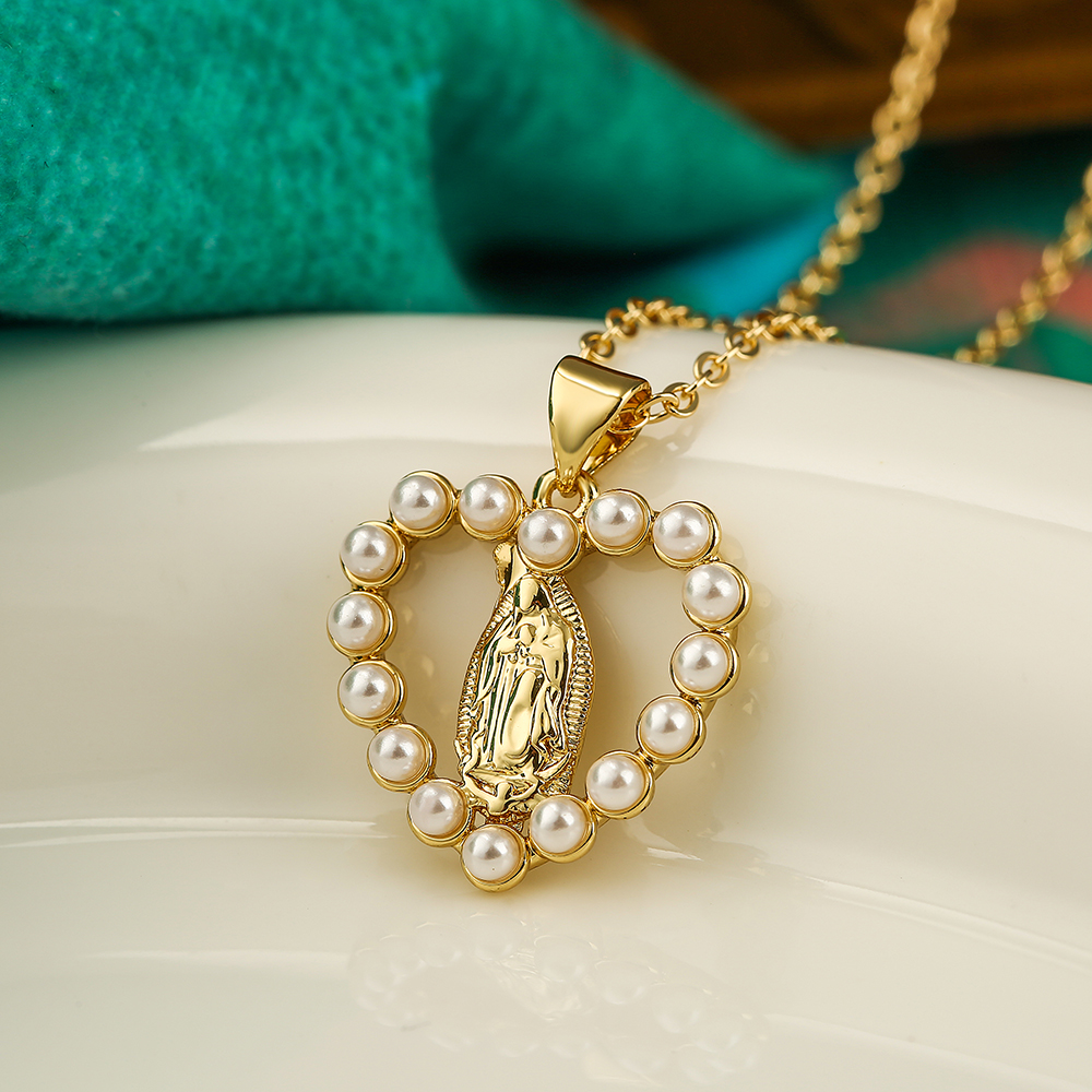 NEWBUY Women's Religious Jewelry Copper CZ Zircon Inlay Virgin Mary Pendant Stainless Steel Chain Necklace: RED-BROWN