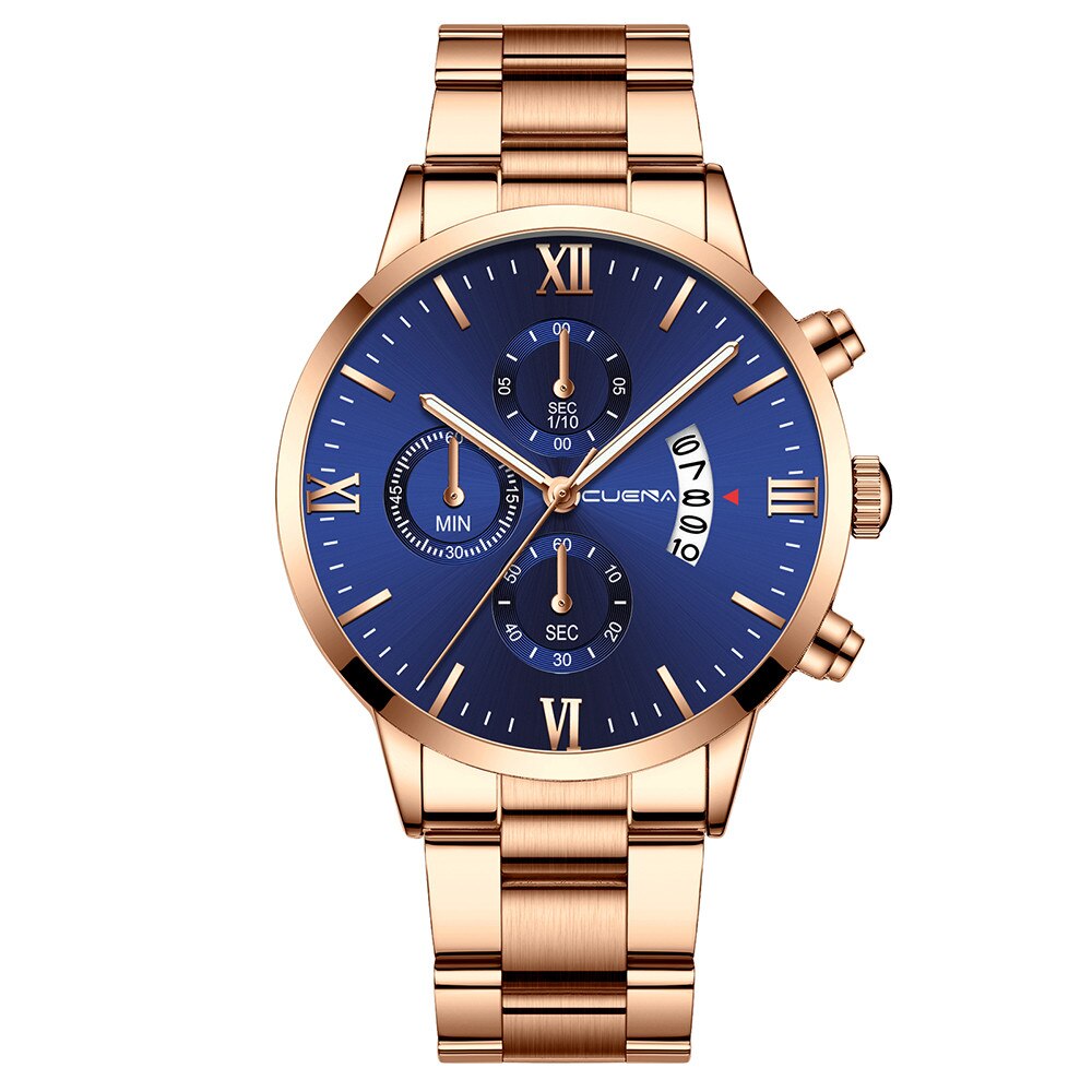Cuena-reloj con correa de acero para hombre y mujer, cronógrafo de cuarzo con tres ojos, calendario de seis piezas,: N