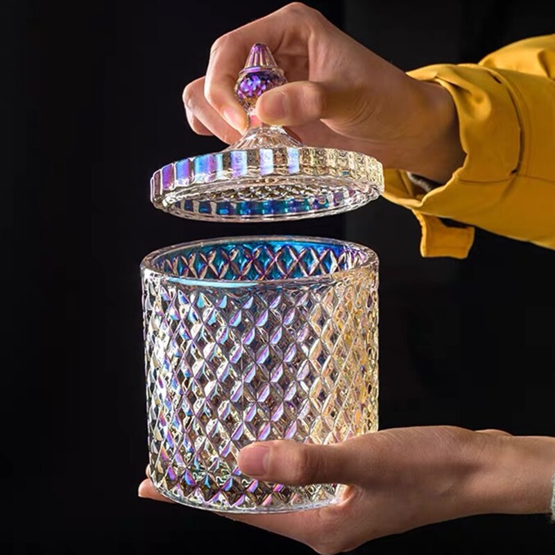 Color Crystal Glass Storage Jar Lids 600ML Candy Jar Glass Transparent Container Cookie Cotton Swab Box Cotton Household Storage