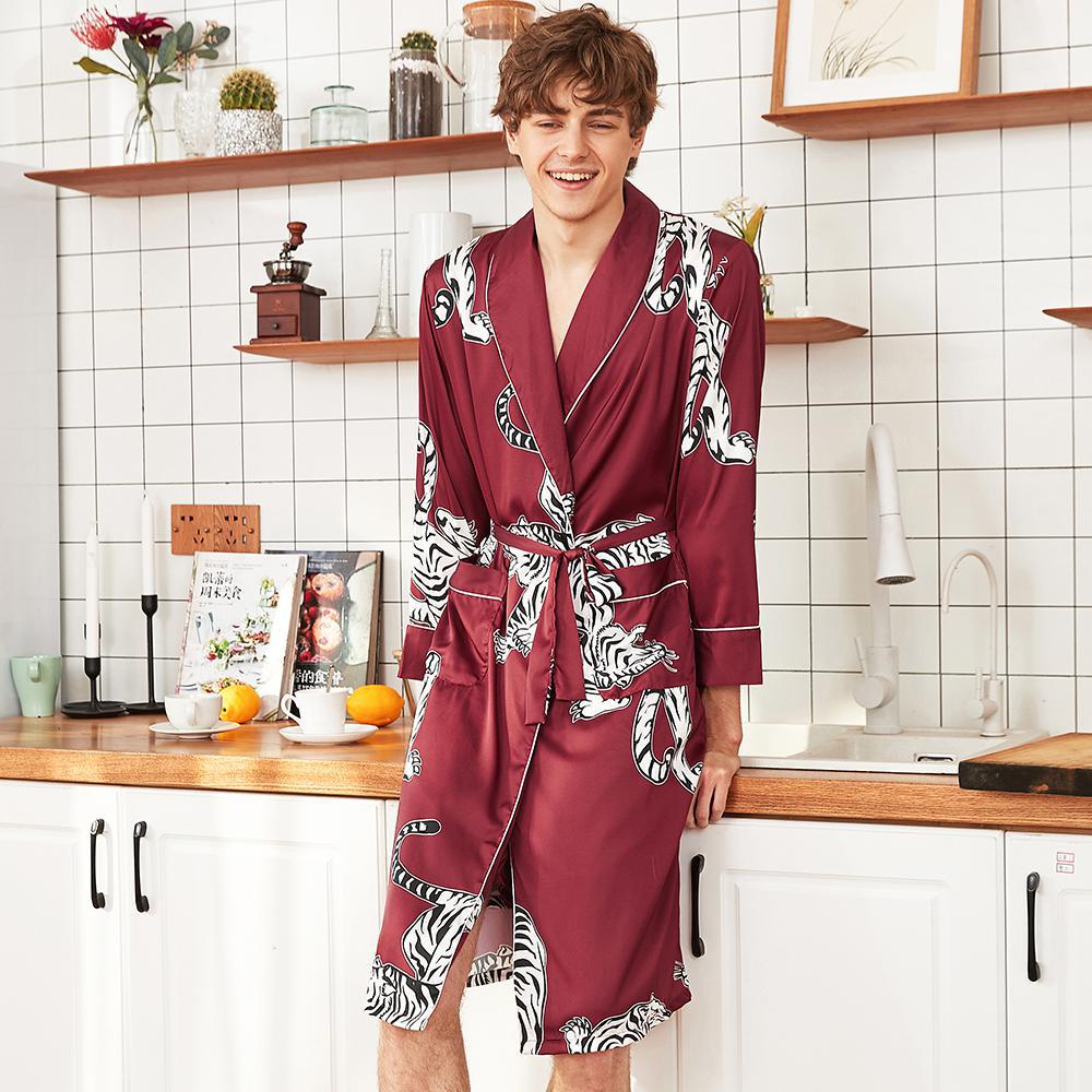 Silky Kimono Robe Bath Gown Chinese Male Long Sleepwear Animal Print Pajama Casual Rayon Robes Men Full Sleeve Nightwear: Style 1 / XXL