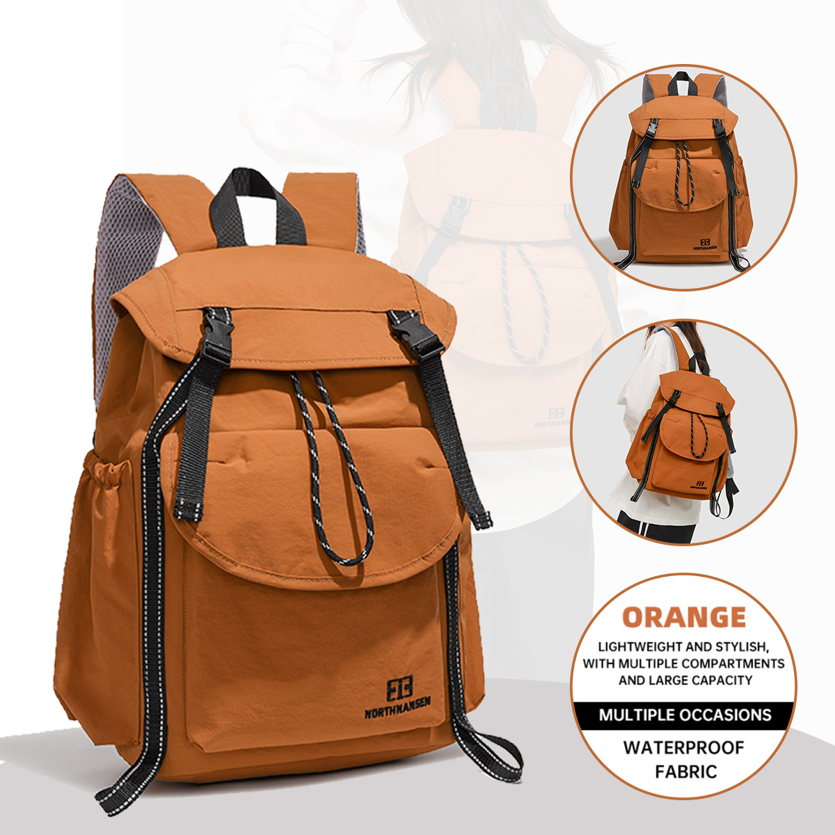 Mochila projetada, cordão de grande capacidade, pano lavado, passeio multifuncional, roupas de trabalho leves, presilha do ensino médio