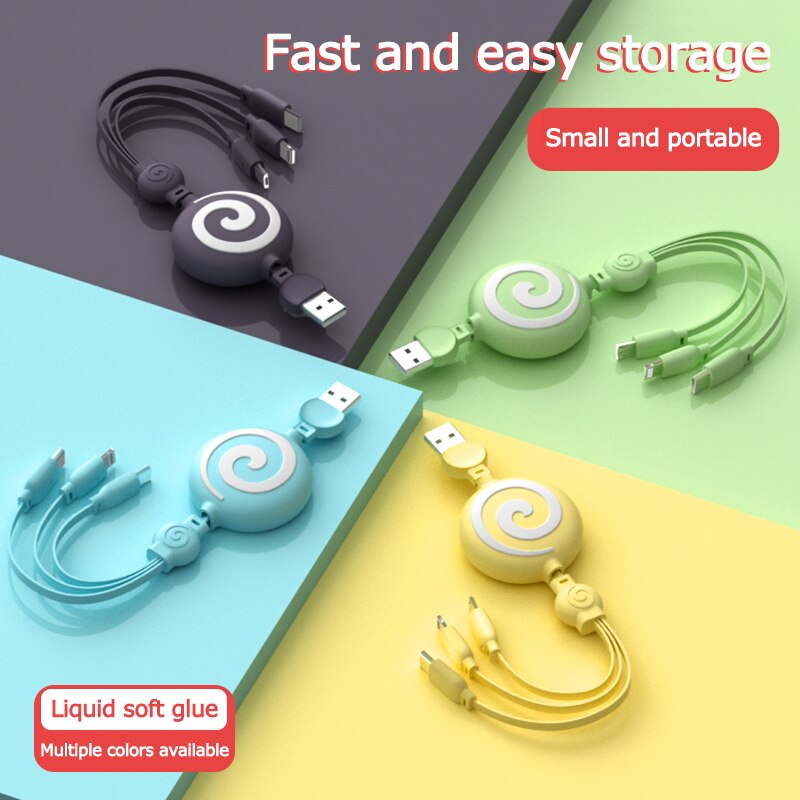 3 in 1 Type C Micro USB 8 Pin Cable for iPhone retractable Charger Cable 100cm 3A 3in1 Fast Charge USB C Cable for Huawei Xiaomi