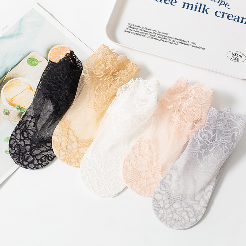 calcetines mujer calcetines tobilleros mujer calcetines invisibles mujer verano Lolita-Calcetines invisibles de encaje para mujer, medias finas, transparentes, antideslizantes y poco profundas, lote de 5 pares