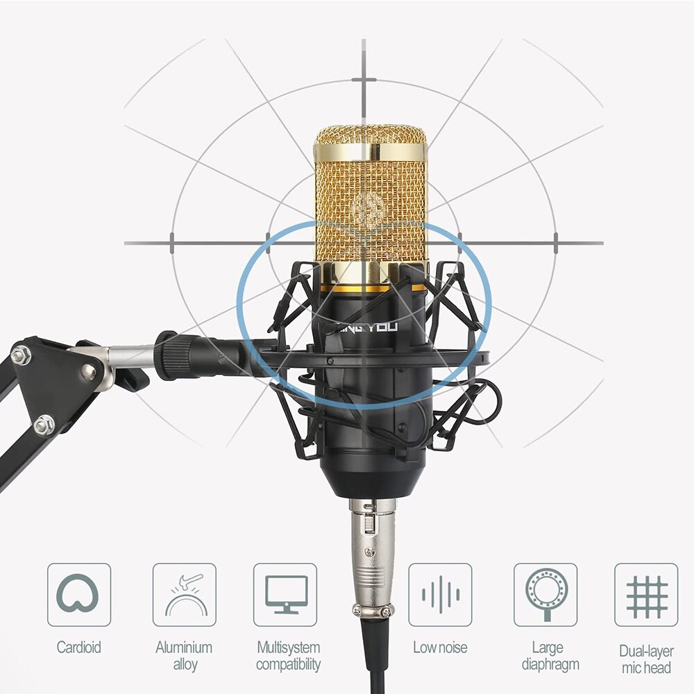 BM-800 Condenser Microphone Gold Ring Set Computer Mobile Phone Live Broadcast Equipment Network K Song: Gold With stand