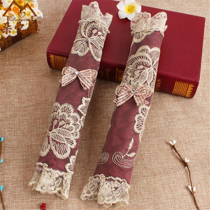 Cubierta de manija de encaje, cubierta de perilla de puerta, guantes de algodón para refrigerador, accesorios de herramientas para el hogar, cubierta de manija de puerta de nevera de doble puerta: Wine red long