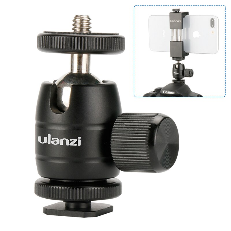 Aluminum Super Mini Ball Head w 1/4'' Screw and Cold Shoe Adapter for Phone Tripod LED Video Light Monitor Swivel on DSLR Camera