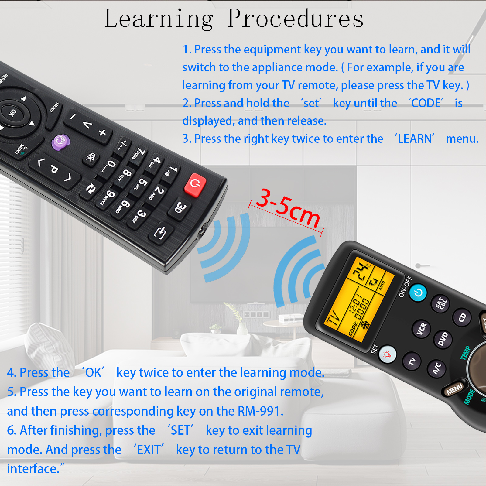 6 in 1 rm-991 universele afstandsbediening leer- en kopieercodeset voor tv/satelliet/dvd/cbl/cd/ac/vcr met achtergrondverlichting chunghop