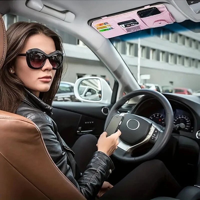 Organizador de viseira de sol para carro, suporte para celular, acessórios interiores de carro, bolso, armazenamento de cartão, suporte de montagem