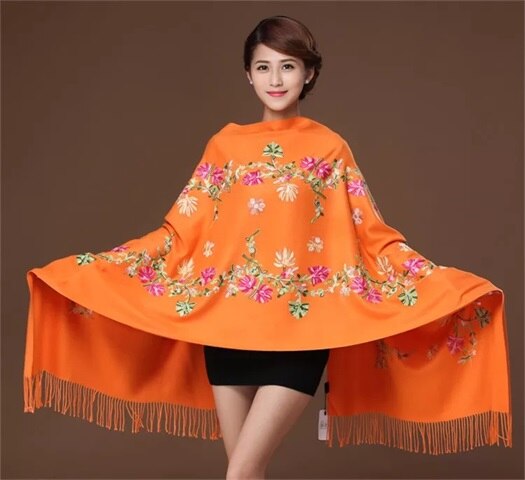 Borduren Bloemen Sjaal Vrouwen Kasjmier Katoen Viscose Sjaals Soild Plain Borduur Sjaals Moslim Kwasten Hijaabs GP02: orange