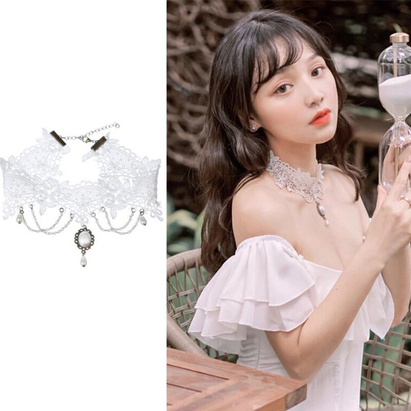 gotisch Klassische Charme Weißen Kragen Frauen Spitze Kragen Handgemachten Partei Samt Spitze Jahrgang Halsband Halskette Für Frauen Kragen: C319
