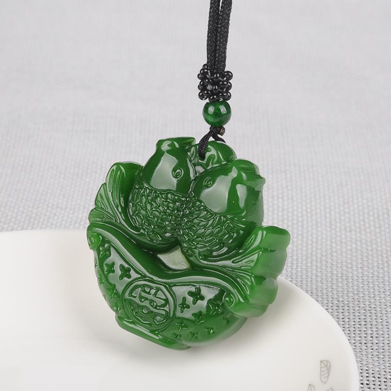 Collier pendentif en Jade vert naturel chinois, Double carpe, breloque sculptée à la main, bijoux amulette à la , pour femmes et hommes