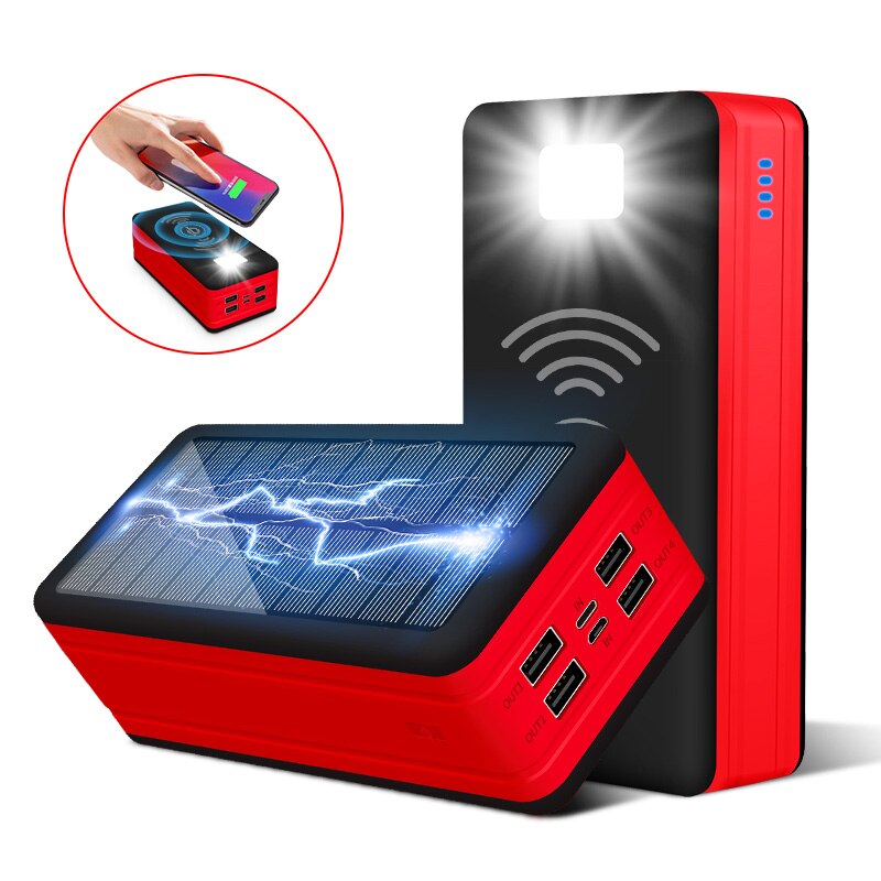 99000mAh Wireless Solar Power Bank caricabatterie portatile grande capacità 4USB LEDLight ricarica rapida esterna PowerBank Xiaomi Iphone: wirelessred