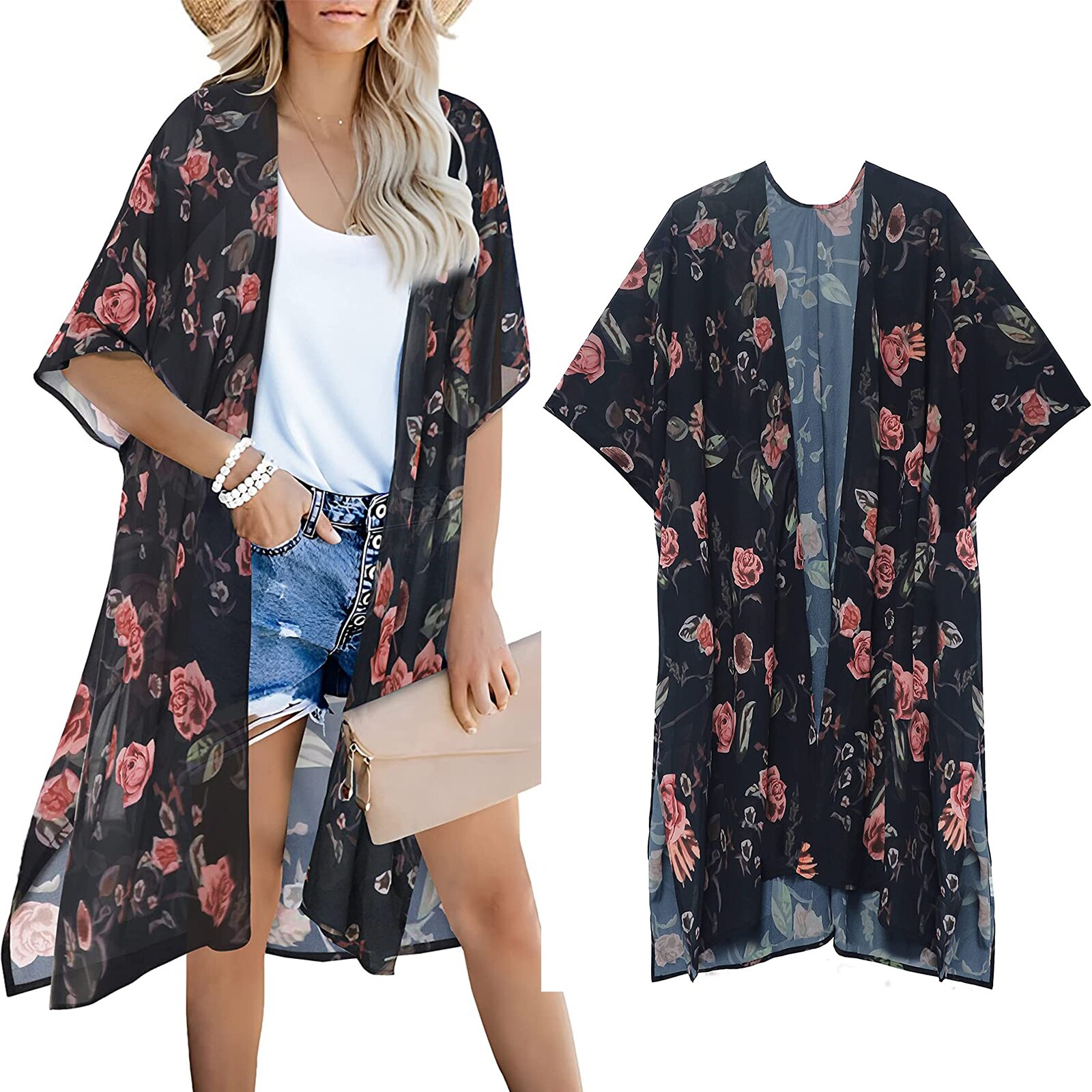 Bata transparente para mujer, Blusa de gasa con estampado único, protección solar, Media manga, Bikini, cárdigan, falda Bohemia con abertura larga, 2022