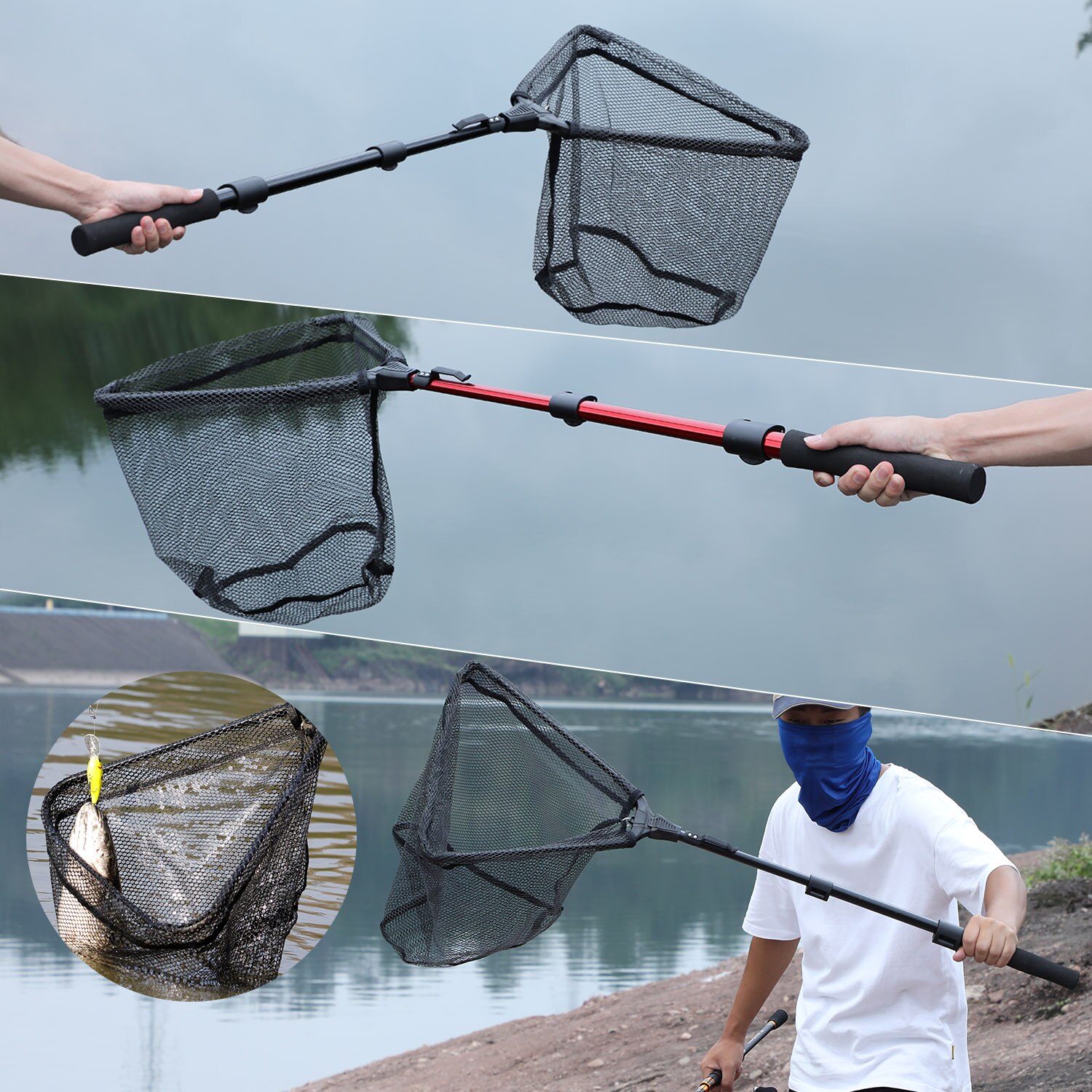 Sougayilang 65-112cm Telescoping Retractable Fishing Net Foldable Landing Net Pole Folding Landing Net for Fly Fishing Tackle