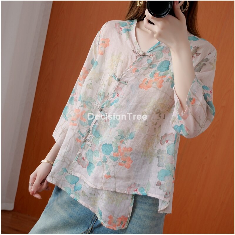 Blusa de lino y algodón estilo chino para mujer, camisa clásica holgada estilo cheongsam, traje de té,