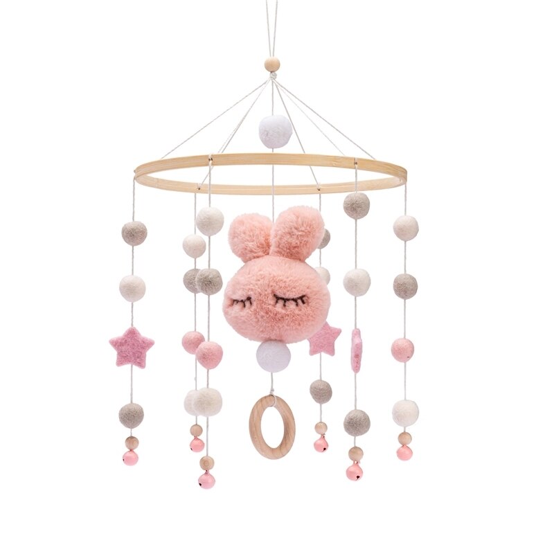 7Pc Assemblage Rammelaars Beugel Setinfant Wieg Mobiele Bed Bel Beugel Bescherming Pasgeboren Baby Speelgoed Houten Bed Bel Accessoires: Pink rabbit
