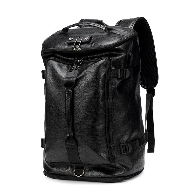 Anti Theft Men Backpack with Shoe Pocket Male Laptop Backpack PU Leather Black Travel Backpack Waterproof Travel Bag for Men: 1
