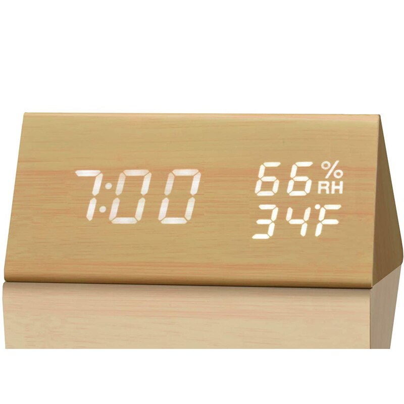 Digital Alarm Clock Wooden Electronic LED Time Display Humidity Temperature Detect Wood Made Electric Clocks for Bedroom Bedside: Multi