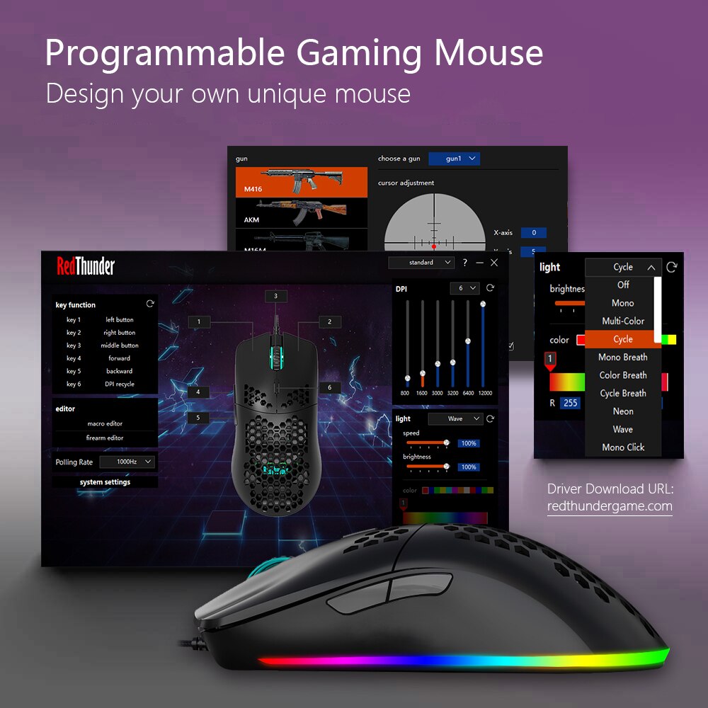 RedThunder M6 Lightweight Gaming Mouse Ultralight Cable RGB Light Programmable 7 Buttons Pixart 3325 12000 DPI for PC Xbox Game