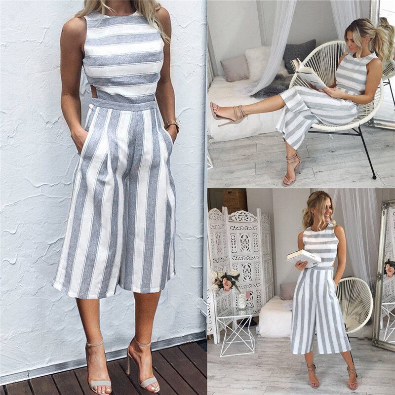 Mono de rayas verticales con tirantes para mujer, traje largo sin mangas con Espalda descubierta, trajes elegantes de dos colores