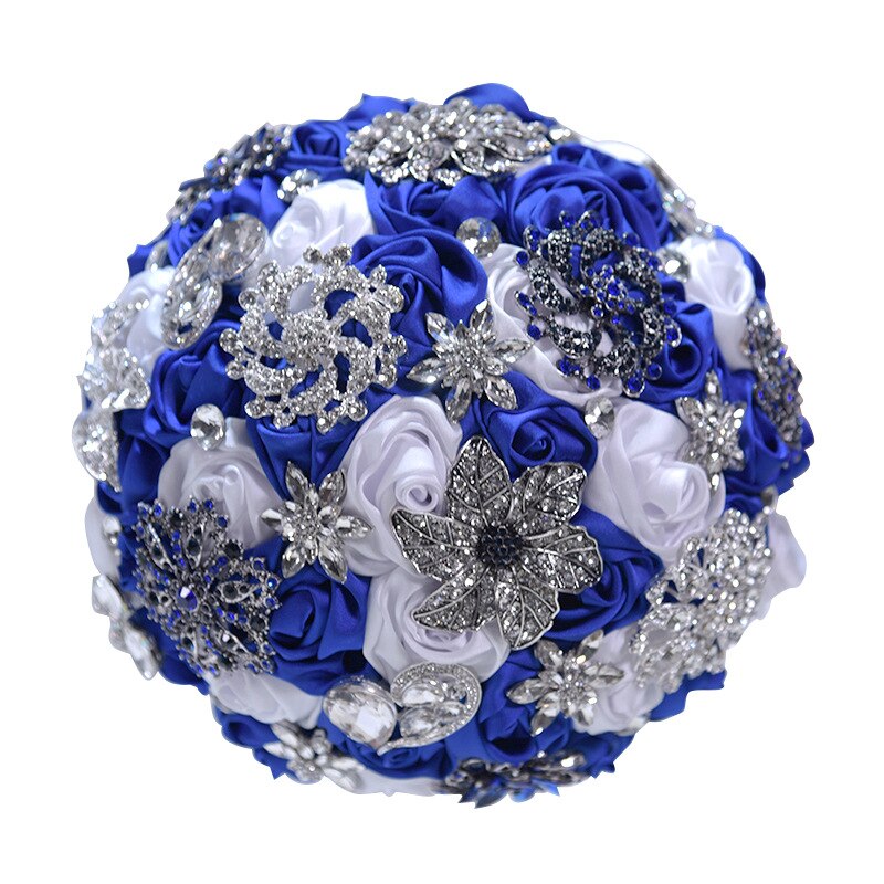Bouquet de bijoux de mariage en or Rose, Rose, bordeaux, bijoux de mariage, cristal scintillant, bouquet de luxe par souvenir, D59: Blue and White