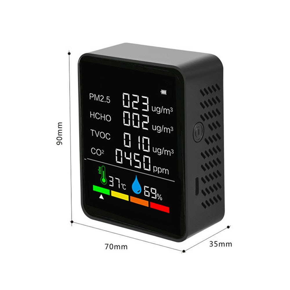 CO2 Meter 6 in 1 Air Detector Multifunctional CO2 Tester PM2.5 TVOC HCHO Value Temperature Humidity Display Backlit LCD