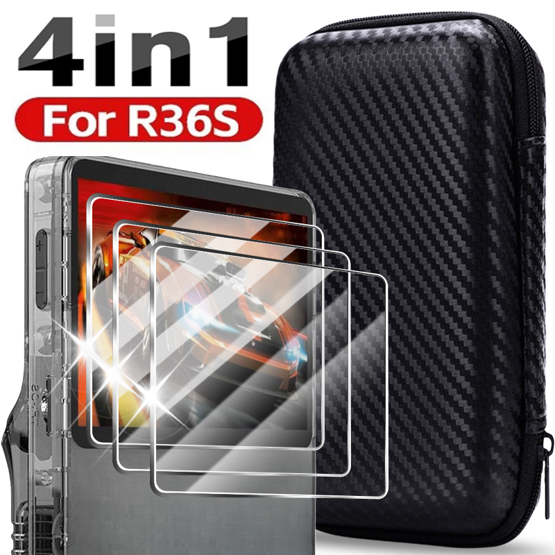 Bolsa com tela para console de jogos r36s, kit de acessórios protetores de tela, filme de vidro temperado e bolsa de armazenamento portátil eva