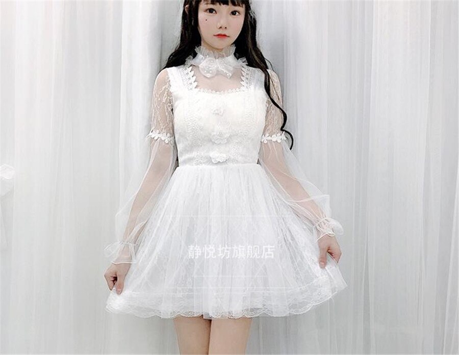 Long Sleeve Dress Lolita Dress Women White Black Dress Sweet Lolita Skirt D391