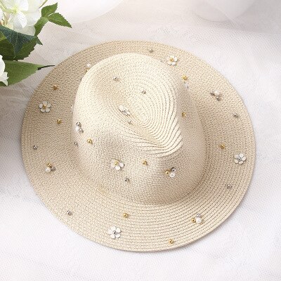 2018 Nuove Donne di Estate All'aperto Cappelli da Sole Solido Grande di Paglia Tesa Traspirante Cappello di Snapback Regolabile Della Perla di Modo Tappo Superiore Per della signora: beige