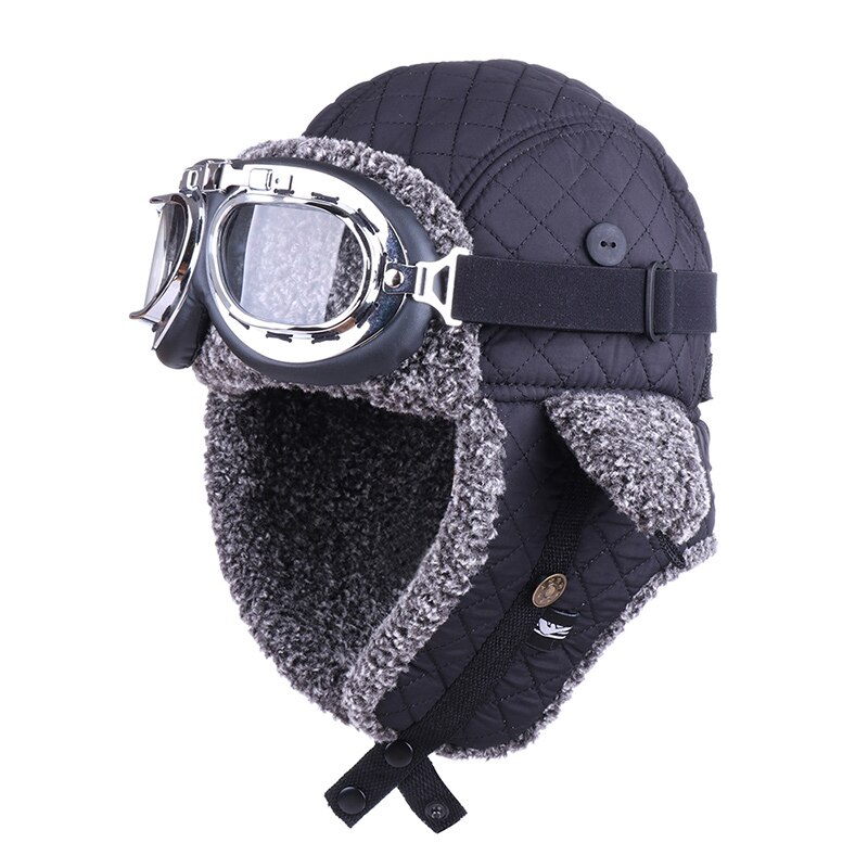 Gorros de aviador de invierno con orejeras de felpa Ushanka rusa con gafas para adolescentes y niños, gorra de aviador, gorro de esquí de Cachemira artificial: Black-Clear Goggles / L(57cm-58cm)
