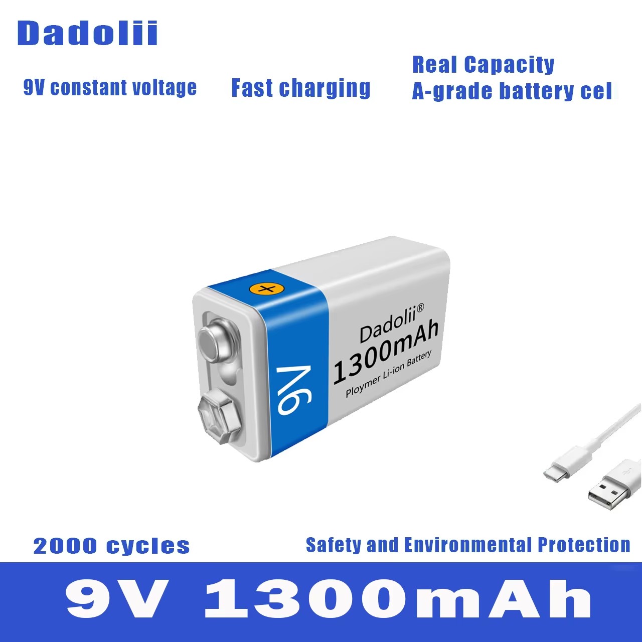 Wiederaufladbare 9V Li-Ion Batterie - 1300mAh - Micro USB - Ladegerät Set - Kompatibel mit Multimeter, Mikrofon, Spielzeug