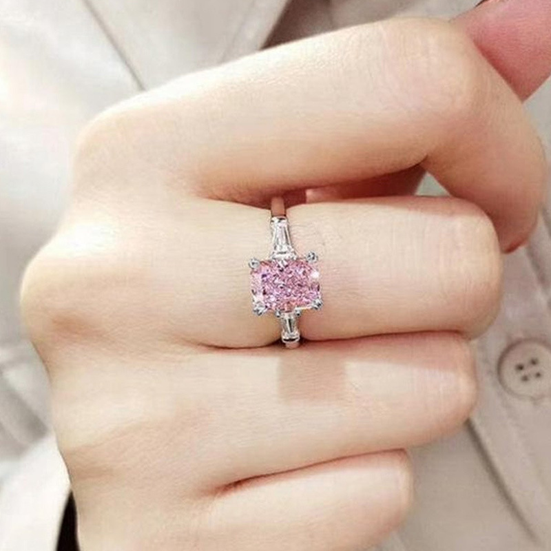 Anillos cuadrados de circonia cúbica rosa para boda, Plata de Ley 925 para mujer, anillos románticos para de matrimonio, joyería de
